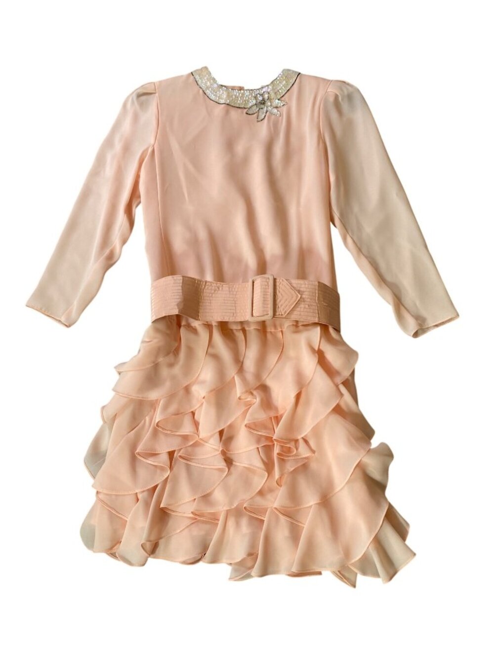 Carriage Court Peach Ruffle Dress Sequin Collar & Belt Size USA 10 Petite